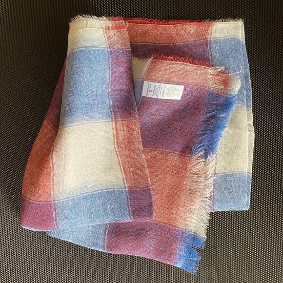 NWT Made In Italy 100% Linen Frayed Scarf Wrap Red Blue White Plaid 20 x 78 in - Picture 5 of 8